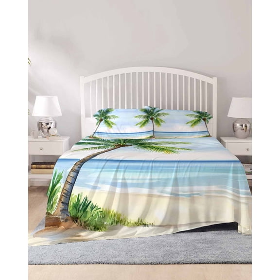 4 Piece Full Sheet Set Green Palm Trees Sheets Set for Full Size Bed, Breathable Soft Microfiber Bed Sheets Cooling Coastal Summer Blue Sky Natural Fitted Sheet Deep Pocket, Pillowcases