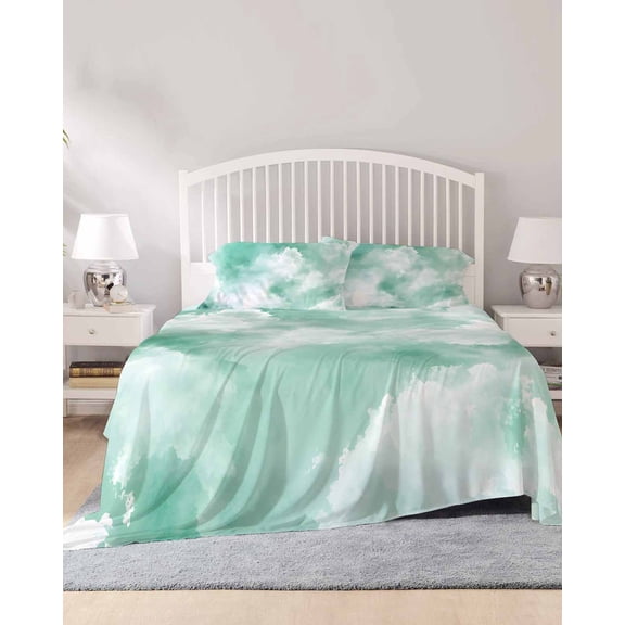 4 Piece Full Sheet Set Green Sky Cloud Sheets Set for Full Size Bed, Breathable Soft Microfiber Bed Sheets Cooling Natural Landscape Scenery Ombre Fitted Sheet Deep Pocket, Pillowcases