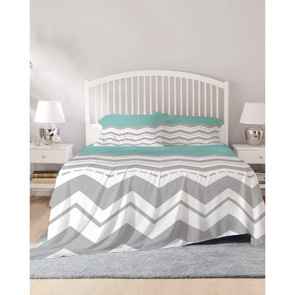 4 Piece Full Sheet Set Grey Chevron Sheets Set for Full Size Bed, Breathable Soft Microfiber Bed Sheets Cooling Geometric Turquoise Print Wavy Striped White Fitted Sheet Deep Pocket, Pillowcases