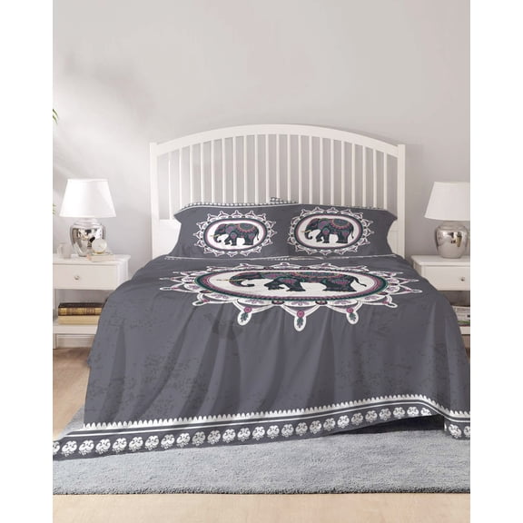 4 Piece Full Sheet Set Grey Elephants Sheets Set for Full Size Bed, Breathable Soft Microfiber Bed Sheets Cooling Modern Geometric Ethnic Animals National Fitted Sheet Deep Pocket, Pillowcases