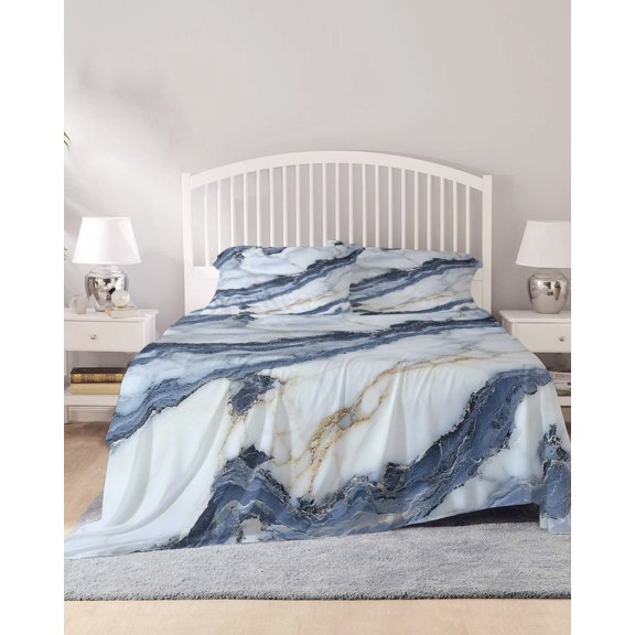 4 Piece Full Sheet Set Grey Gold Marble Sheets Set for Full Size Bed, Breathable Soft Microfiber Bed Sheets Cooling Modern Marble Geometric Fitted Sheet Deep Pocket, Pillowcases