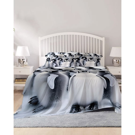 4 Piece Full Sheet Set Grey Penguins Sheets Set for Full Size Bed, Breathable Soft Microfiber Bed Sheets Cooling Winter Animals Vintage Gray Fitted Sheet Deep Pocket, Pillowcases