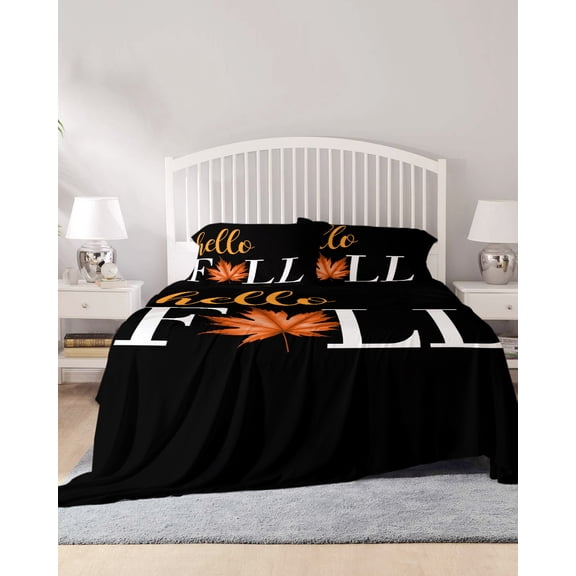 4 Piece Full Sheet Set Hello Fall Sheets Set for Full Size Bed, Breathable Soft Microfiber Bed Sheets Cooling Thanksgiving Vintage Maple Leaf Autumn Black Fitted Sheet Deep Pocket, Pillowcases