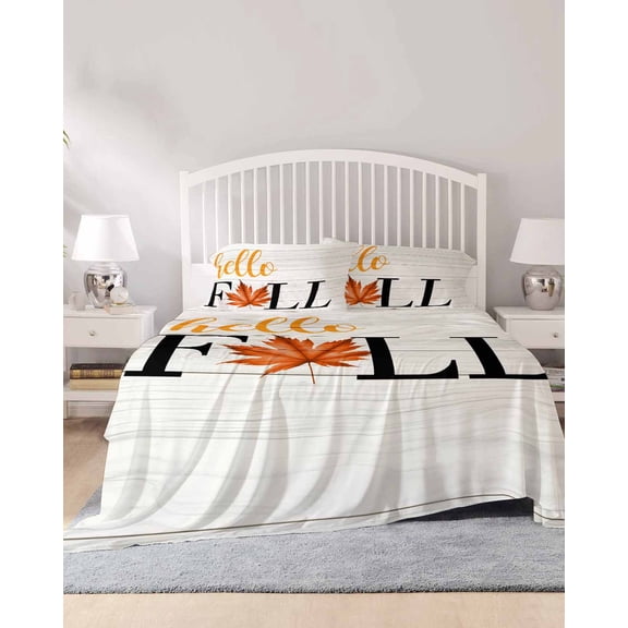 4 Piece Full Sheet Set Hello Fall Sheets Set for Full Size Bed, Breathable Soft Microfiber Bed Sheets Cooling Thanksgiving Vintage Maple Leaf Autumn Wooden Fitted Sheet Deep Pocket, Pillowcases
