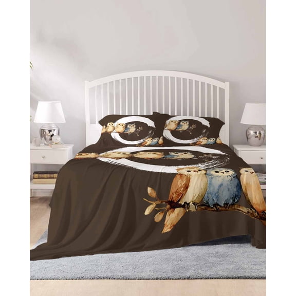 4 Piece Full Sheet Set Japanese Style Sheets Set for Full Size Bed, Breathable Soft Microfiber Bed Sheets Cooling Dark Brown Rustic Owl Birds Tree Branches Fitted Sheet Deep Pocket, Pillowcases