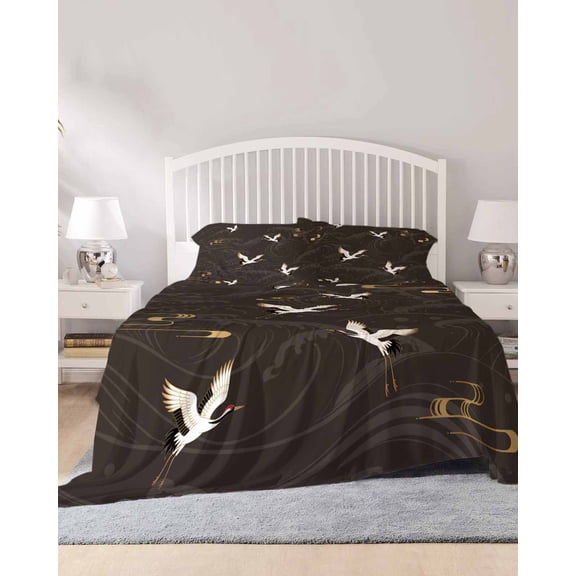 4 Piece Full Sheet Set Japanese Style Sheets Set for Full Size Bed, Breathable Soft Microfiber Bed Sheets Cooling Vintage Cranes Ocean Wave Black Grey Fitted Sheet Deep Pocket, Pillowcases