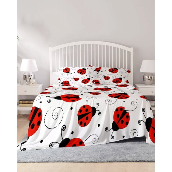 4 Piece Full Sheet Set Ladybug Sheets Set for Full Size Bed, Breathable Soft Microfiber Bed Sheets Cooling Cartoon Red Black Dots Animals Modern Simple Fitted Sheet Deep Pocket, Pillowcases