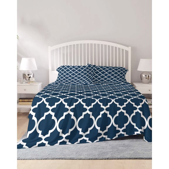 4 Piece Full Sheet Set Lake Blue Moroccon Sheets Set for Full Size Bed, Breathable Soft Microfiber Bed Sheets Cooling Minimalist Ethnic Bohemian Aesthetic Fitted Sheet Deep Pocket, Pillowcases
