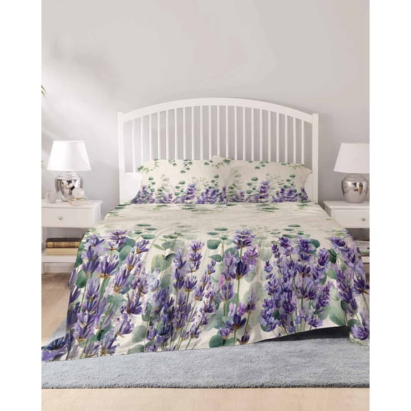 4 Piece Full Sheet Set Lavender Eucalyptus Sheets Set for Full Size Bed, Breathable Soft Microfiber Bed Sheets Cooling Retro Country Botanical Flowers Leaves Fitted Sheet Deep Pocket, Pillowcases