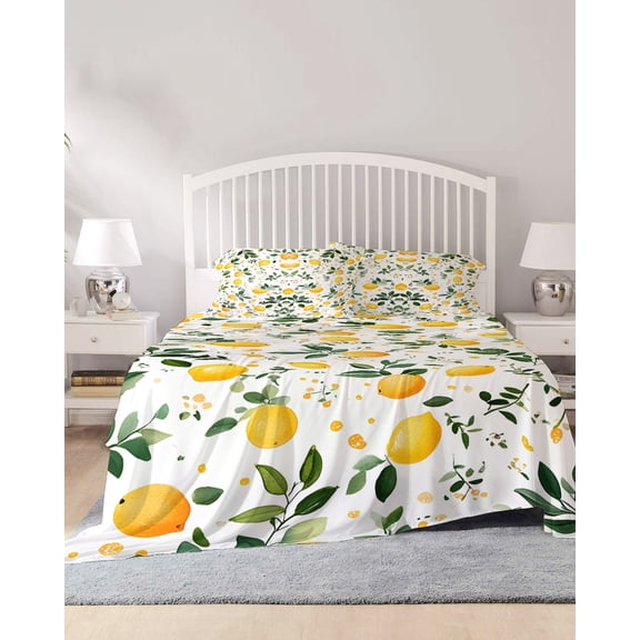 4 Piece Full Sheet Set Lemon Leaves Sheets Set for Full Size Bed, Breathable Soft Microfiber Bed Sheets Cooling Summer Fruit Botanical Watercolor Flower Fitted Sheet Deep Pocket, Pillowcases