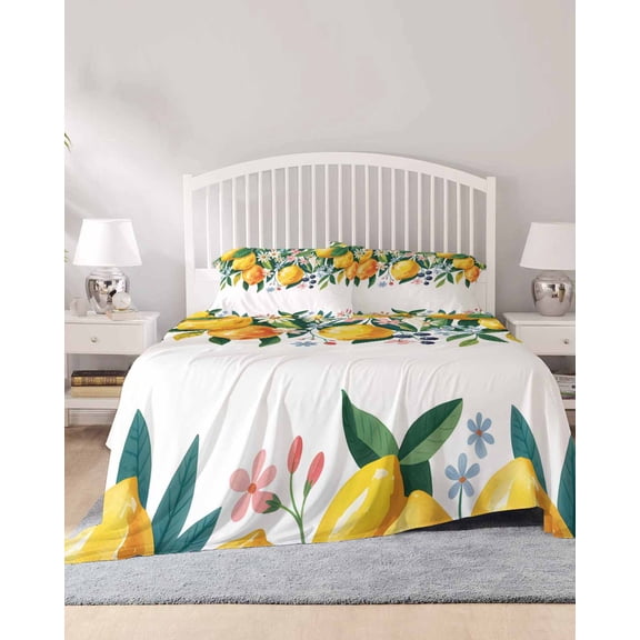 4 Piece Full Sheet Set Lemon Summer Sheets Set for Full Size Bed, Breathable Soft Microfiber Bed Sheets Cooling Vintage Yellow Fruit Botanical Berries Fitted Sheet Deep Pocket, Pillowcases