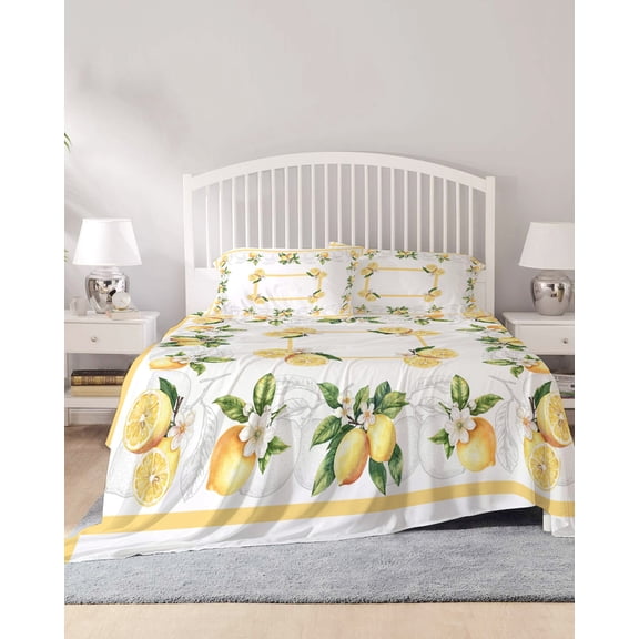 4 Piece Full Sheet Set Lemon Yellow Sheets Set for Full Size Bed, Breathable Soft Microfiber Bed Sheets Cooling Modern Country Flower Floral Summer Spring Fitted Sheet Deep Pocket, Pillowcases