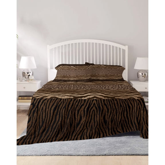 4 Piece Full Sheet Set Leopard Zebra Print Sheets Set for Full Size Bed, Breathable Soft Microfiber Bed Sheets Cooling Vintage Animal Skin Striped Brown Fitted Sheet Deep Pocket, Pillowcases