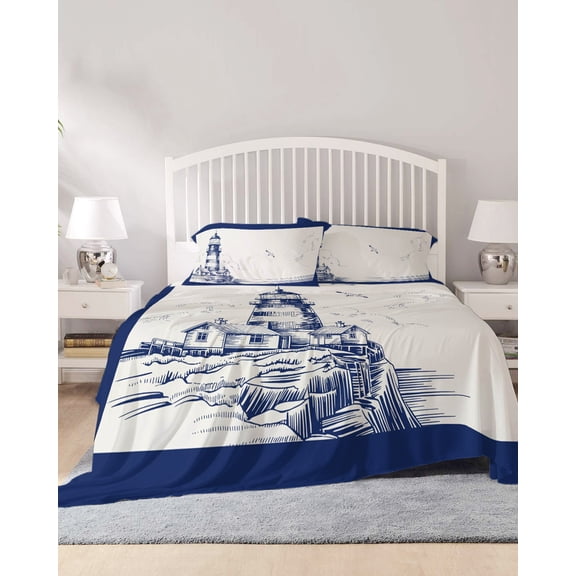 4 Piece Full Sheet Set Lighthouse Sheets Set for Full Size Bed, Breathable Soft Microfiber Bed Sheets Cooling Ocean Seagull Vintage Navy Blue Coastal Boat Fitted Sheet Deep Pocket, Pillowcases