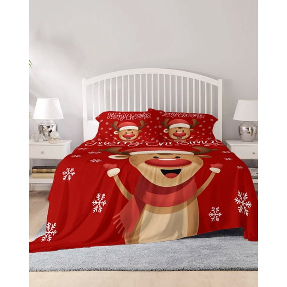 4 Piece Full Sheet Set Merry Christmas Sheets Set for Full Size Bed, Breathable Soft Microfiber Bed Sheets Cooling Red Winter Xmas Cartoon Deer Snowflake Fitted Sheet Deep Pocket, Pillowcases
