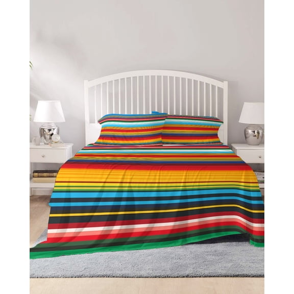 4 Piece Full Sheet Set Mexican Stripes Sheets Set for Full Size Bed, Breathable Soft Microfiber Bed Sheets Cooling Ethnic Horizontal Lines Tribal Geometric Art Fitted Sheet Deep Pocket, Pillowcases