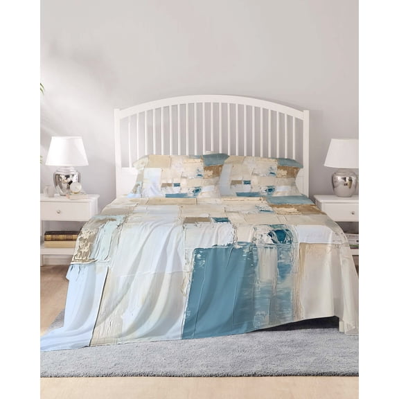 4 Piece Full Sheet Set Modern Geometric Sheets Set for Full Size Bed, Breathable Soft Microfiber Bed Sheets Cooling Abstract Color Blocks Blue Brown Fitted Sheet Deep Pocket, Pillowcases