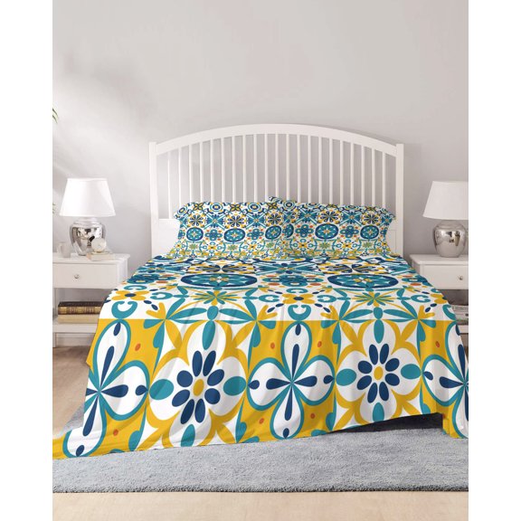 4 Piece Full Sheet Set Modern Mediterranean Sheets Set for Full Size Bed, Breathable Soft Microfiber Bed Sheets Cooling Retro Moroccan Tiles Texture Vlue Yellow Fitted Sheet Deep Pocket, Pillowcases