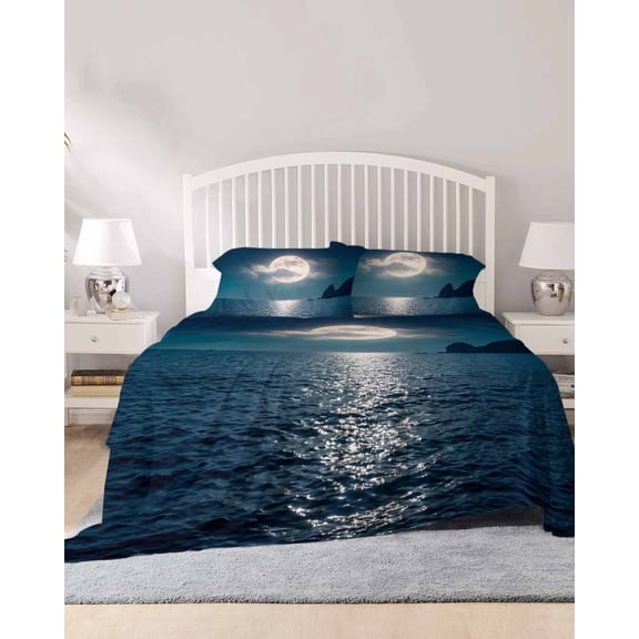 4 Piece Full Sheet Set Moonlight Sea Night Sheets Set for Full Size Bed, Breathable Soft Microfiber Bed Sheets Cooling Abstract Modern Art Ocean Cloud Fitted Sheet Deep Pocket, Pillowcases