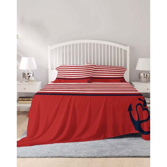 4 Piece Full Sheet Set Nautical Anchor Sheets Set for Full Size Bed, Breathable Soft Microfiber Bed Sheets Cooling Red White Geometric Horizontal Stripes Fitted Sheet Deep Pocket, Pillowcases