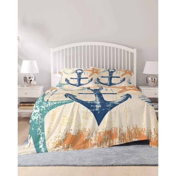 4 Piece Full Sheet Set Nautical Anchor Sheets Set for Full Size Bed, Breathable Soft Microfiber Bed Sheets Cooling Summer Coastal Ocean Vintage Starfish Fitted Sheet Deep Pocket, Pillowcases