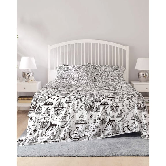 4 Piece Full Sheet Set Nautical Sheets Set for Full Size Bed, Breathable Soft Microfiber Bed Sheets Cooling Grey Anchor Rudder Compass Sailing Boat Fitted Sheet Deep Pocket, Pillowcases