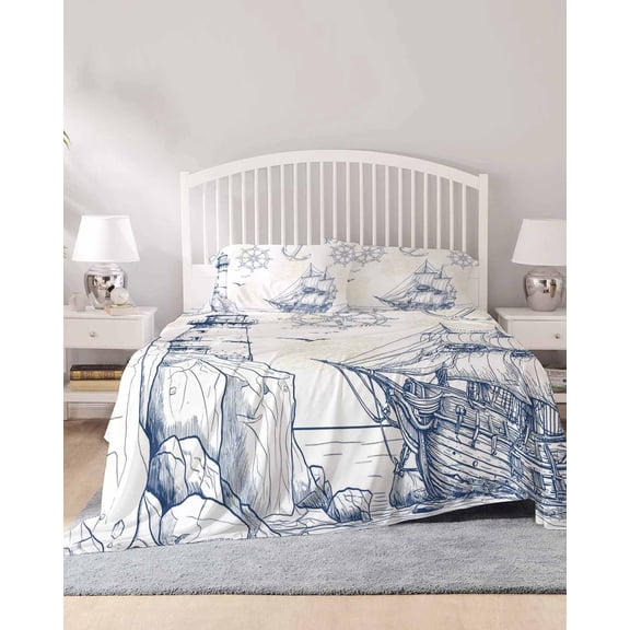 4 Piece Full Sheet Set Nautical Ship Lighthouse Sheets Set for Full Size Bed, Breathable Soft Microfiber Bed Sheets Cooling Ocean Anchor Rudder Lines Art Fitted Sheet Deep Pocket, Pillowcases