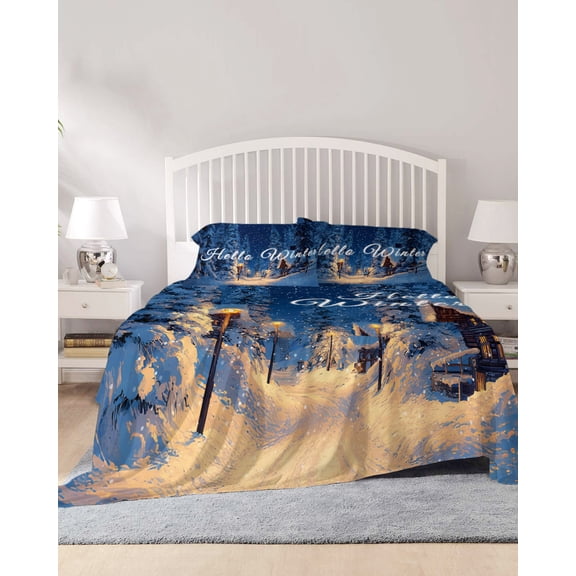 4 Piece Full Sheet Set Navy Blue Christmas Sheets Set for Full Size Bed, Breathable Soft Microfiber Bed Sheets Cooling Xmas Tree Snowflake Winter Forest Fitted Sheet Deep Pocket, Pillowcases