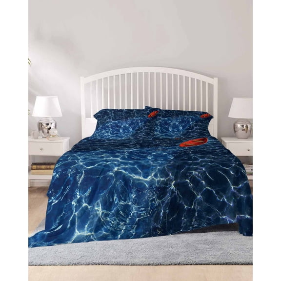 4 Piece Full Sheet Set Navy Blue Ocean Waves Sheets Set for Full Size Bed, Breathable Soft Microfiber Bed Sheets Cooling Red Boat Coastal Fitted Sheet Deep Pocket, Pillowcases