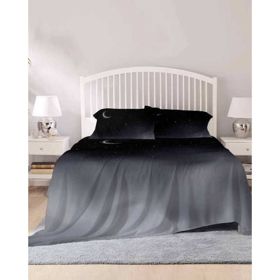 4 Piece Full Sheet Set Night Stars Moon Sheets Set for Full Size Bed, Breathable Soft Microfiber Bed Sheets Cooling Modern Abstract Art Cloud Fog Fitted Sheet Deep Pocket, Pillowcases