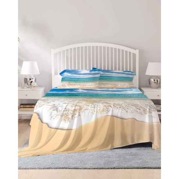 4 Piece Full Sheet Set Ocean Beach Sheets Set for Full Size Bed, Breathable Soft Microfiber Bed Sheets Cooling Blue Sky Waves Sand Horizon Shore Summer Fitted Sheet Deep Pocket, Pillowcases