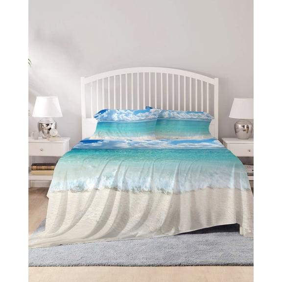 4 Piece Full Sheet Set Ocean Blue Sheets Set for Full Size Bed, Breathable Soft Microfiber Bed Sheets Cooling Beach Nature Coast Sea Shore Sky Seawater Fitted Sheet Deep Pocket, Pillowcases