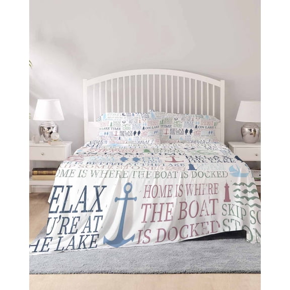 4 Piece Full Sheet Set Ocean Nautical Sheets Set for Full Size Bed, Breathable Soft Microfiber Bed Sheets Cooling Rustic Anchors Fish Oars Lighthouses Fitted Sheet Deep Pocket, Pillowcases
