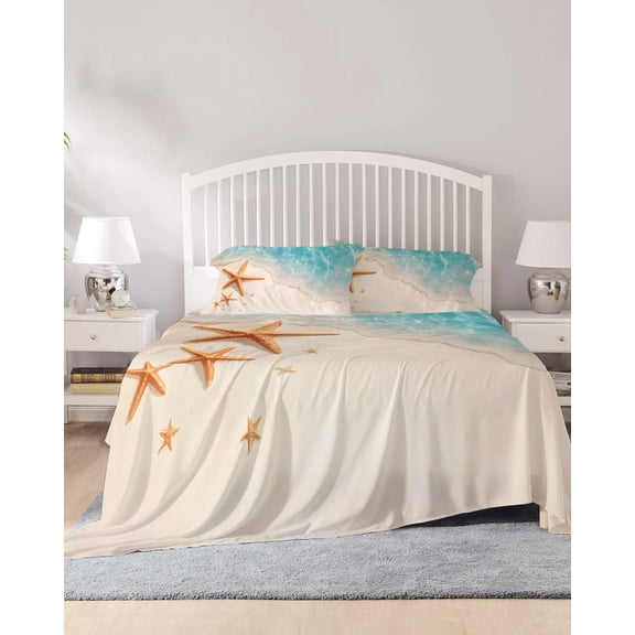 4 Piece Full Sheet Set Ocean Starfish Sheets Set for Full Size Bed, Breathable Soft Microfiber Bed Sheets Cooling Beach Shell Shore Waves Summer Sea Fitted Sheet Deep Pocket, Pillowcases