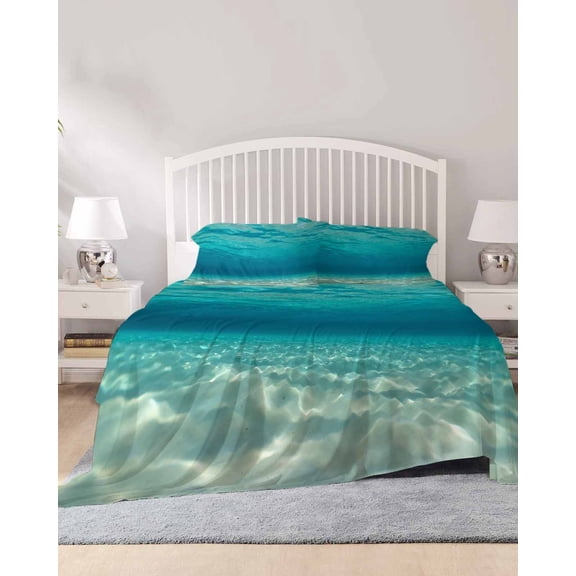 4 Piece Full Sheet Set Oceans Landscape Sheets Set for Full Size Bed, Breathable Soft Microfiber Bed Sheets Cooling Summer Beach Nautical Waves Modern Fitted Sheet Deep Pocket, Pillowcases