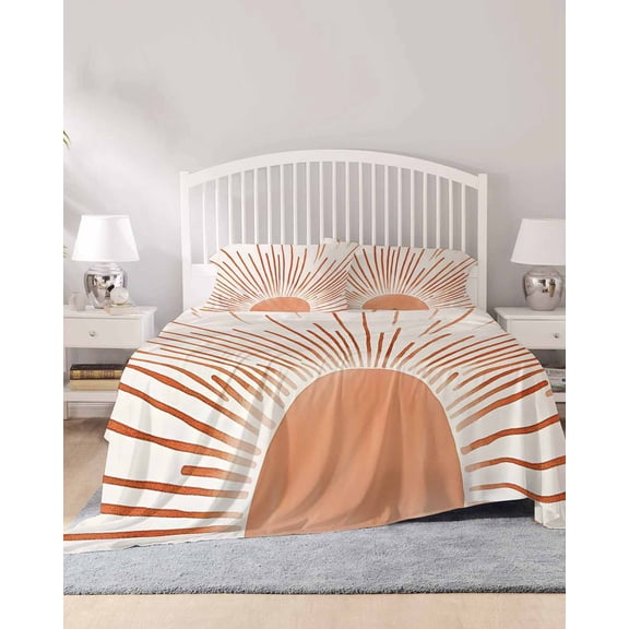 4 Piece Full Sheet Set Orange Sunshine Sheets Set for Full Size Bed, Breathable Soft Microfiber Bed Sheets Cooling Lines Retro Abstract Middle Century Fitted Sheet Deep Pocket, Pillowcases
