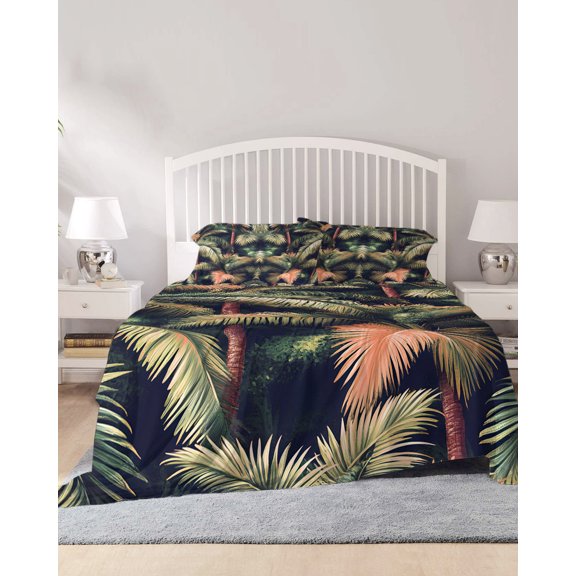 4 Piece Full Sheet Set Palm Forest Sheets Set for Full Size Bed, Breathable Soft Microfiber Bed Sheets Cooling Country Summer Tropical Plants Forest Fitted Sheet Deep Pocket, Pillowcases