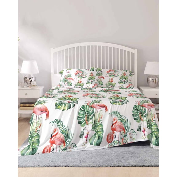 4 Piece Full Sheet Set Palm Leaves Sheets Set for Full Size Bed, Breathable Soft Microfiber Bed Sheets Cooling Tropical Flamingo Summer Green Flower Fitted Sheet Deep Pocket, Pillowcases