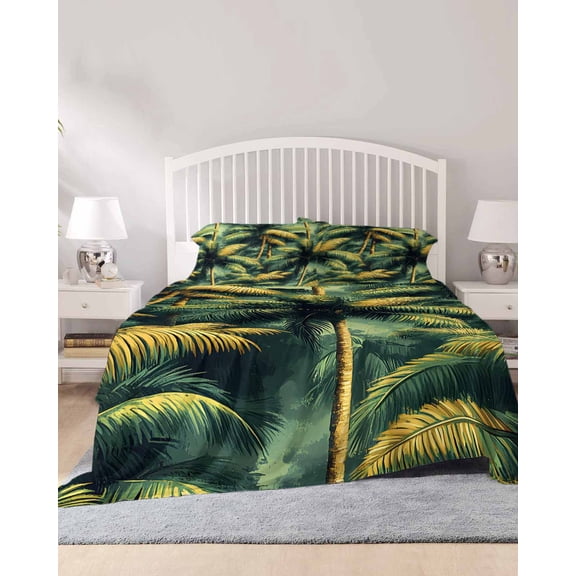 4 Piece Full Sheet Set Palm Trees Sheets Set for Full Size Bed, Breathable Soft Microfiber Bed Sheets Cooling Summer Green Nature Forest Scenery Fitted Sheet Deep Pocket, Pillowcases