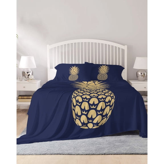 4 Piece Full Sheet Set Pineapple Sheets Set for Full Size Bed, Breathable Soft Microfiber Bed Sheets Cooling Gold Yellow Navy Blue Tropical Fruit Summer Fitted Sheet Deep Pocket, Pillowcases