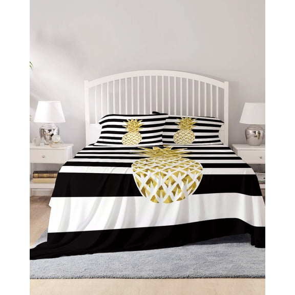 4 Piece Full Sheet Set Pineapple Sheets Set for Full Size Bed, Breathable Soft Microfiber Bed Sheets Cooling Modern Abstract Fruits Black White Stripe Fitted Sheet Deep Pocket, Pillowcases