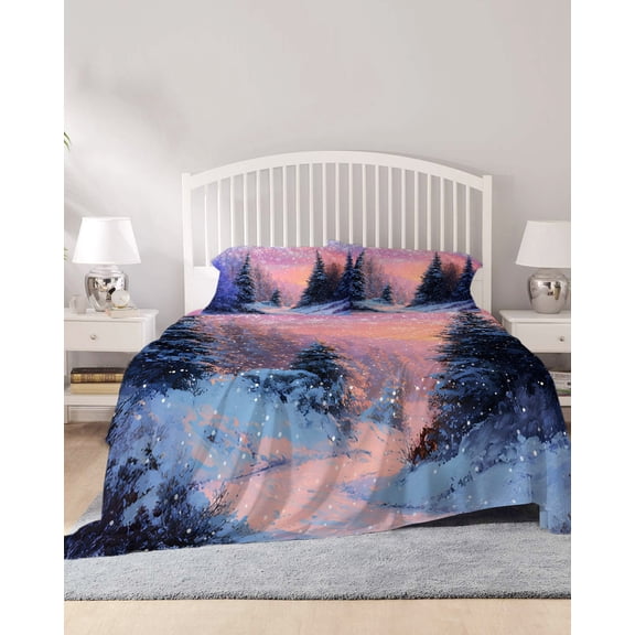 4 Piece Full Sheet Set Pink Blue Christmas Sheets Set for Full Size Bed, Breathable Soft Microfiber Bed Sheets Cooling Xmas Tree Snowflake Winter Forest Fitted Sheet Deep Pocket, Pillowcases