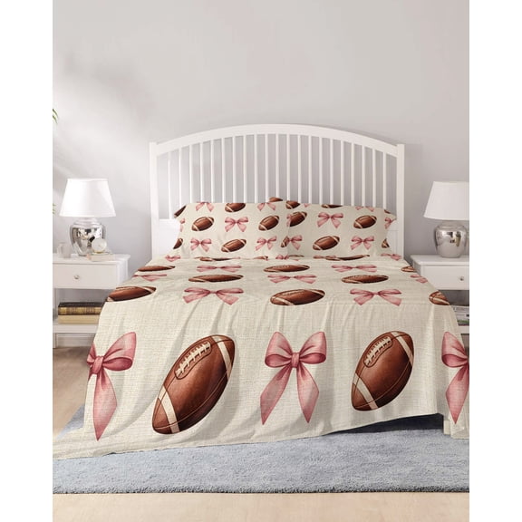 4 Piece Full Sheet Set Pink Bow Football Sheets Set for Full Size Bed, Breathable Soft Microfiber Bed Sheets Cooling Modern Game Balls Retro Burlap Fitted Sheet Deep Pocket, Pillowcases