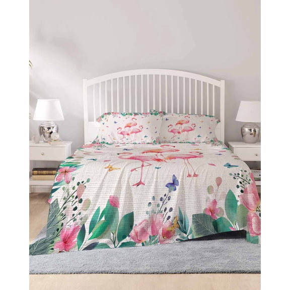 4 Piece Full Sheet Set Pink Flamingo Sheets Set for Full Size Bed, Breathable Soft Microfiber Bed Sheets Cooling Tropical Botanical Summer Flower Rustic Fitted Sheet Deep Pocket, Pillowcases