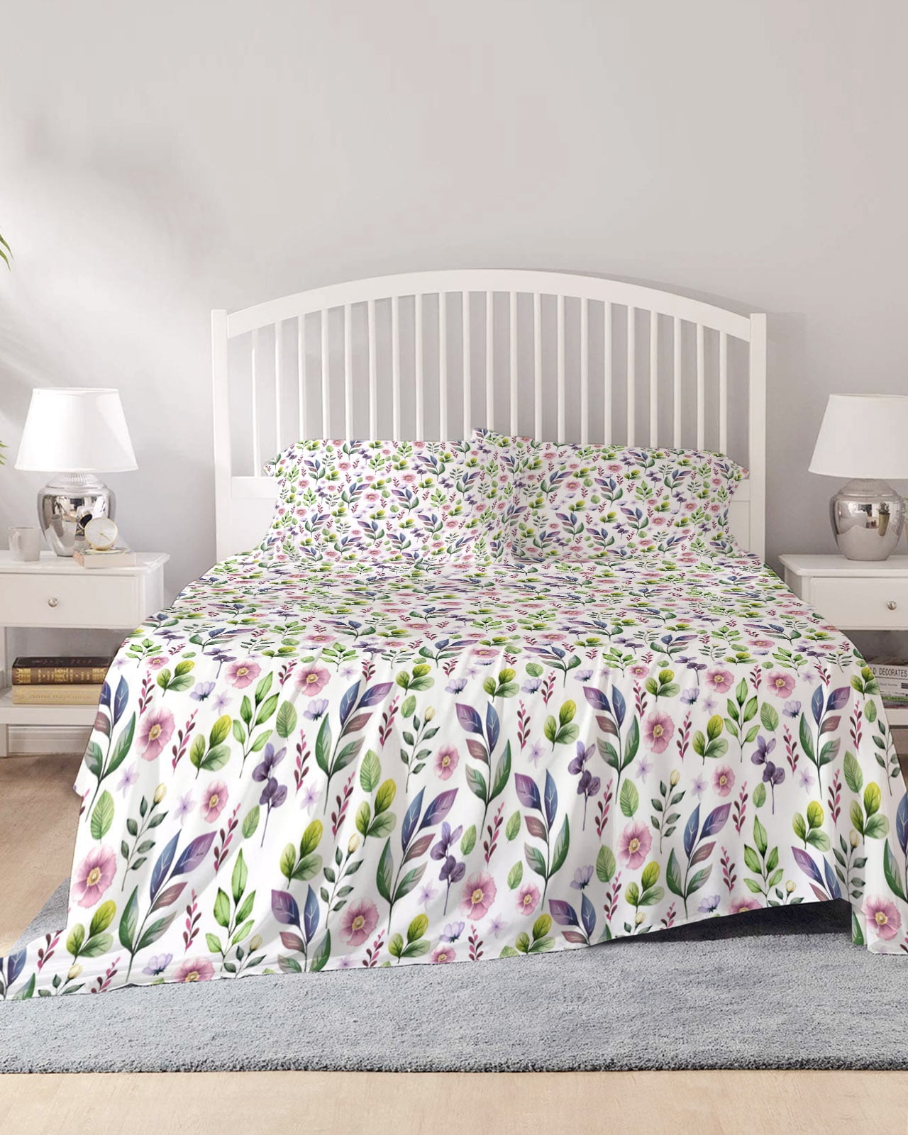 4 Piece Full Sheet Set Pink Purple Leaves Sheets Set for Full Size Bed ...