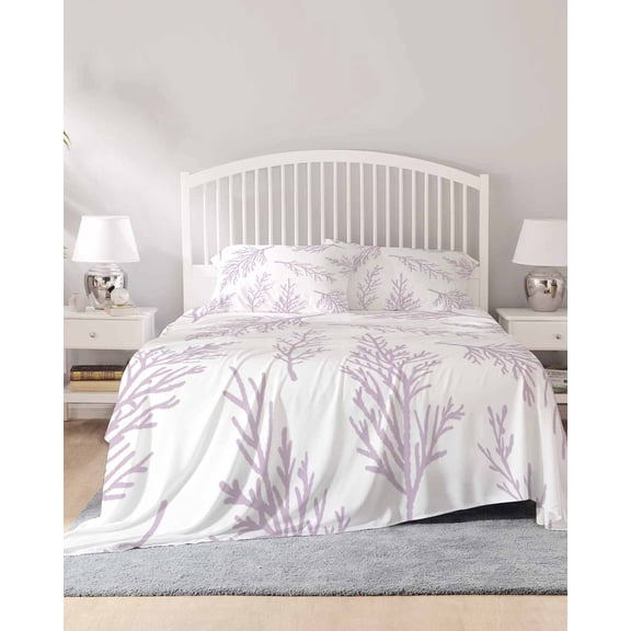 4 Piece Full Sheet Set Pink Purple Tree Branches Sheets Set for Full Size Bed, Breathable Soft Microfiber Bed Sheets Cooling Farmhouse Nature Botanical Fitted Sheet Deep Pocket, Pillowcases