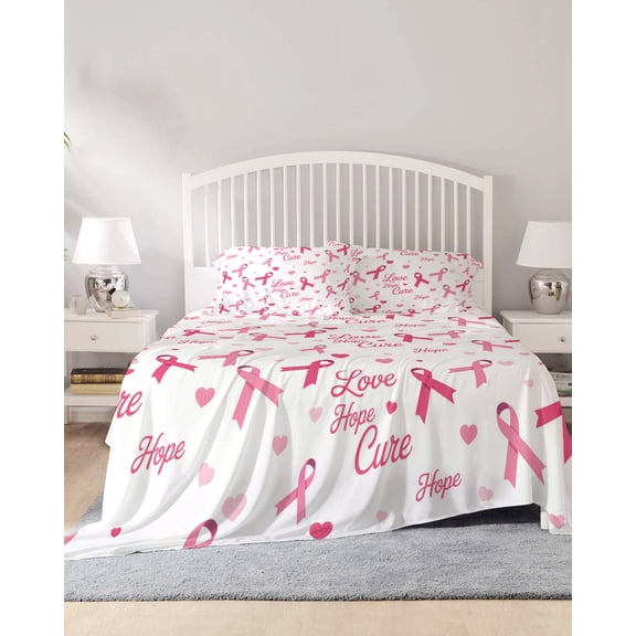 4 Piece Full Sheet Set Pink Ribbon Sheets Set for Full Size Bed, Breathable Soft Microfiber Bed Sheets Cooling Love Heart Vintage Preppy Fitted Sheet Deep Pocket, Pillowcases