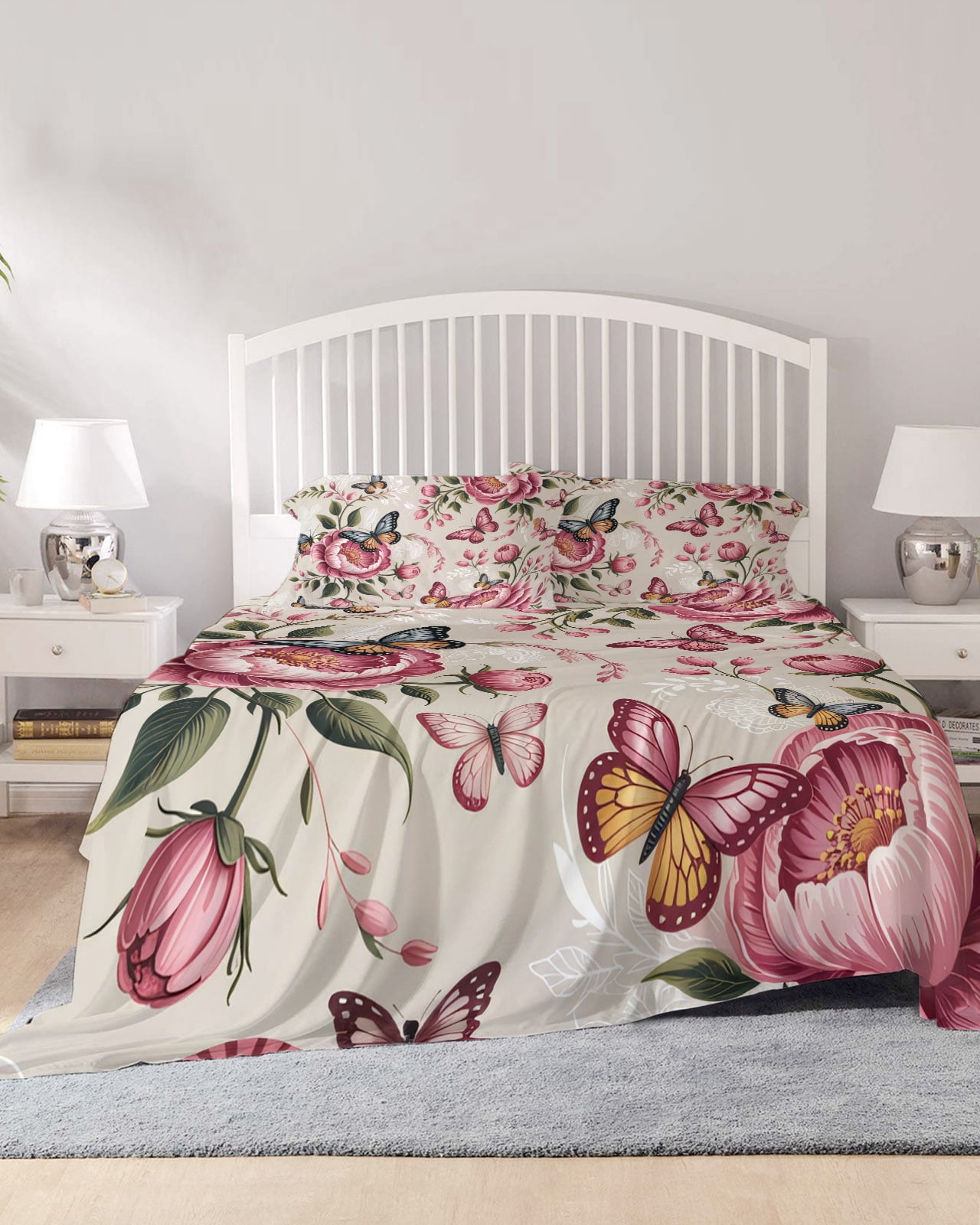 4 Piece Full Sheet Set Pink Spring Floral Sheets Set for Full Size Bed ...