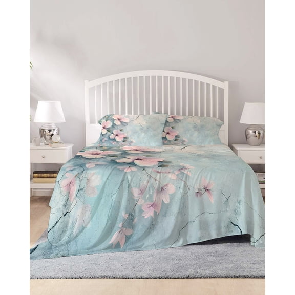 4 Piece Full Sheet Set Pink Spring Flower Sheets Set for Full Size Bed, Breathable Soft Microfiber Bed Sheets Cooling Retro Blue Wall Mottled Pastoral Fitted Sheet Deep Pocket, Pillowcases