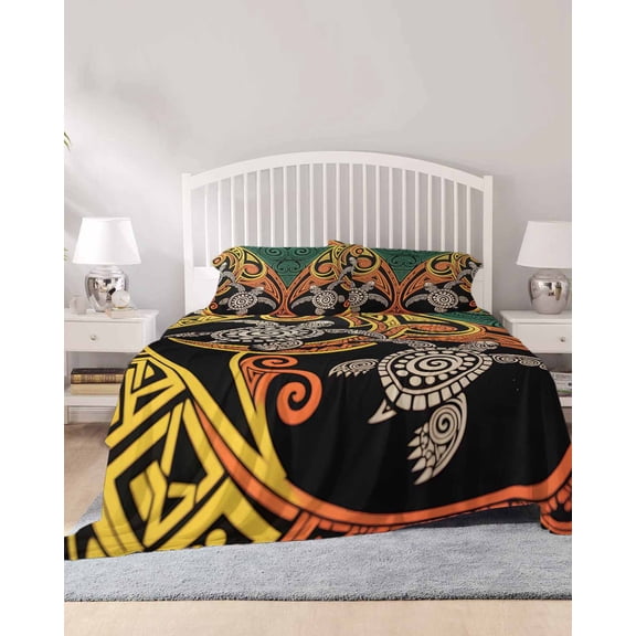 4 Piece Full Sheet Set Polynesia Texture Sheets Set for Full Size Bed, Breathable Soft Microfiber Bed Sheets Cooling Abstract Traditional Tribe Sea Turtle Fitted Sheet Deep Pocket, Pillowcases